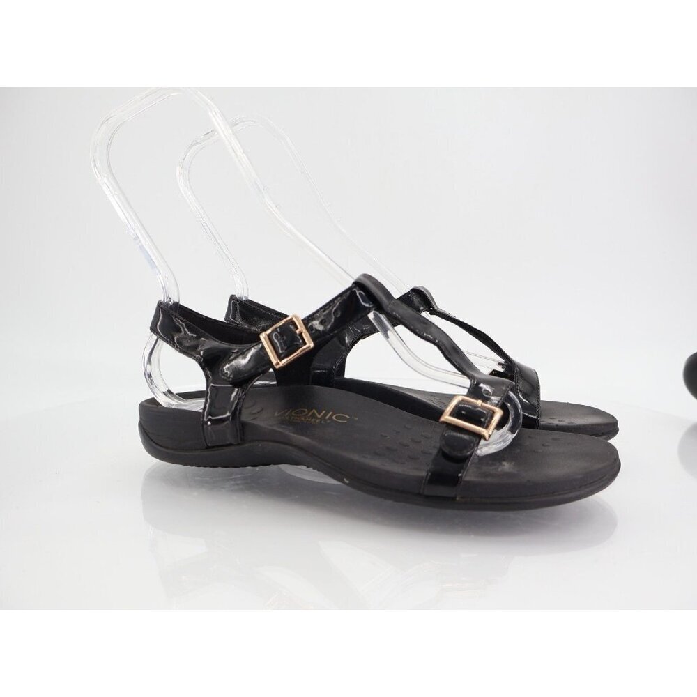 Vionic Women's Adriane Sandal Size 7 Black Patent Strappy Adjustable Flat Shoes
